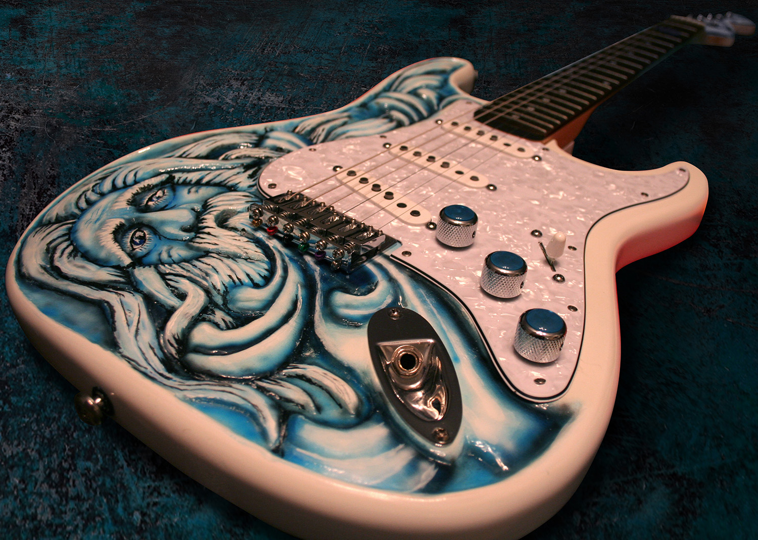 Old Man Winter Themed Custom Carved & Painted Squier Bullet Stratocaster