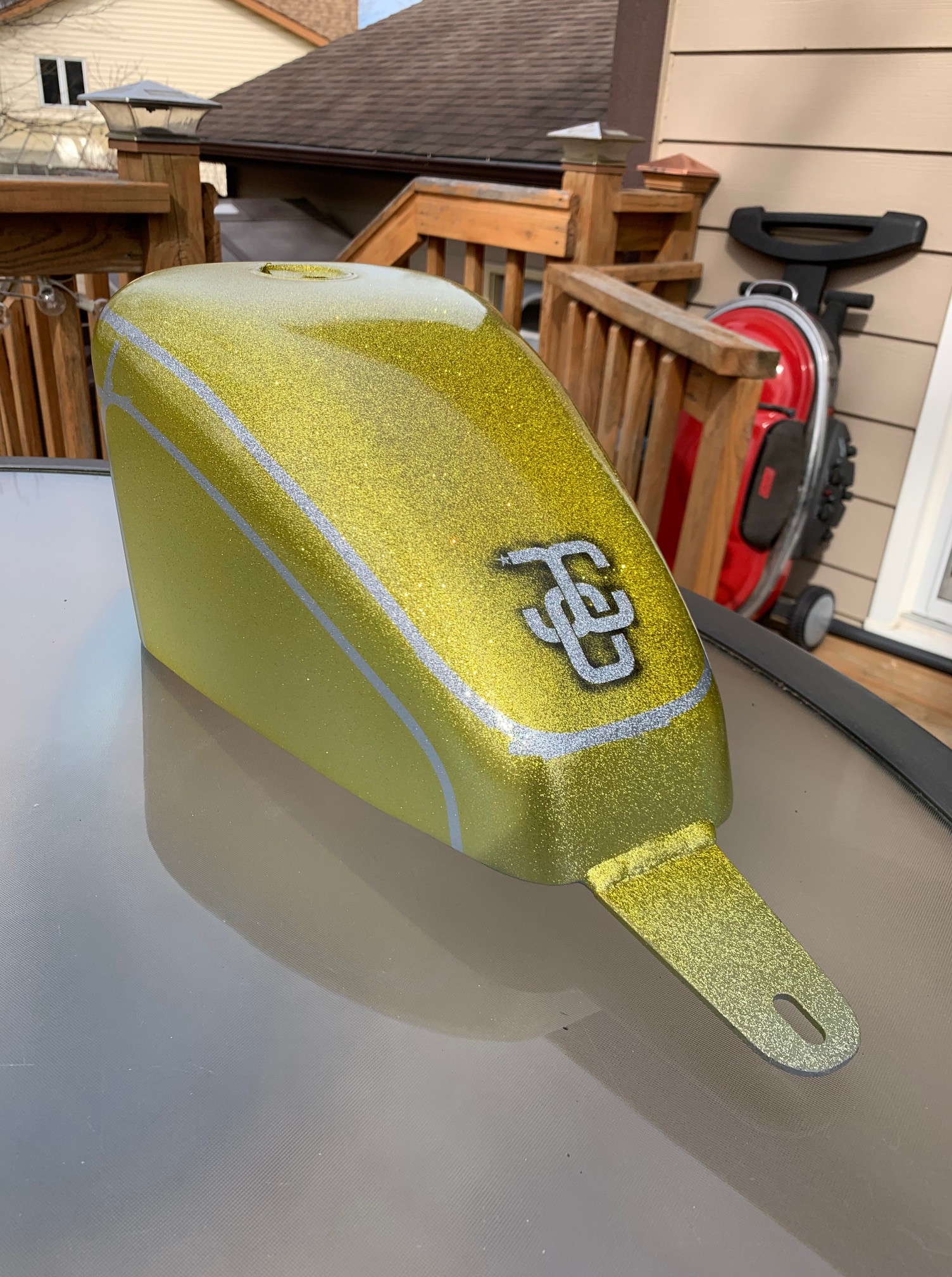 House of Kolor pagan gold candy over metal flake on Honda Shadow Sportster Tank