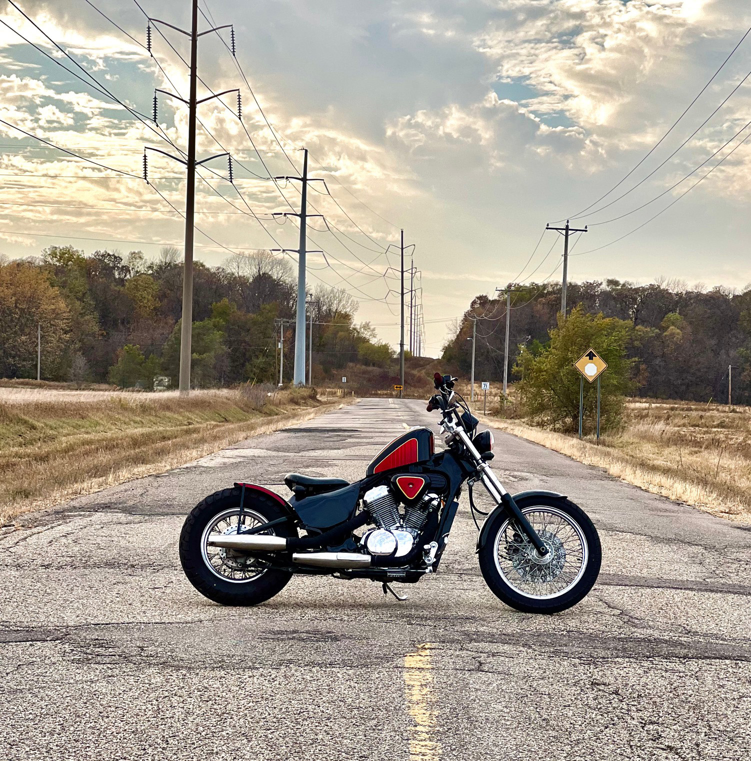 1996 Honda Shadow VLX600 Deluxe Bobber on a back road.